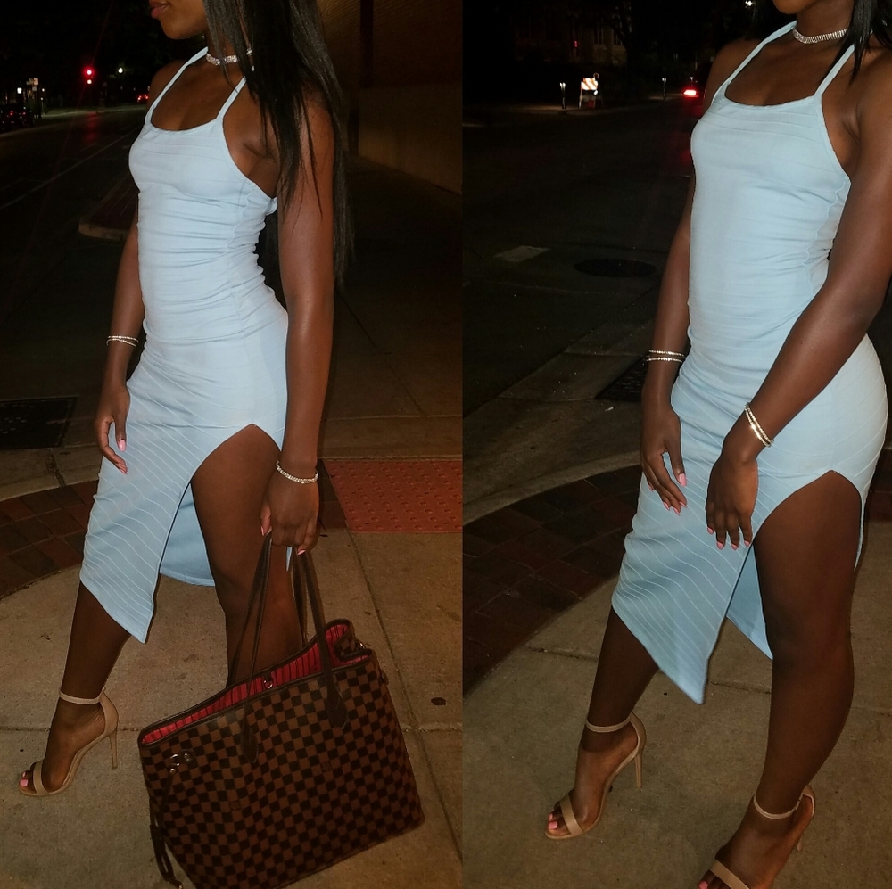 Powder Blue Fitted dress with Deep side slit